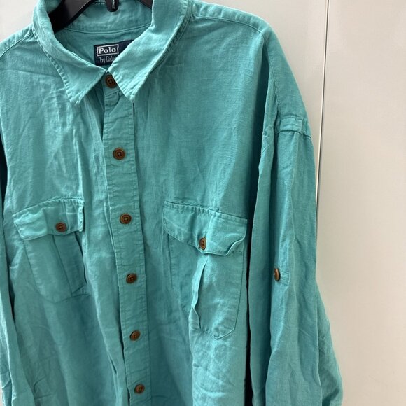 VTG Polo Ralph Lauren Linen Silk Mens L/S Button Up Turquoise Shirt 2 Pocket 2XL - Picture 2 of 10